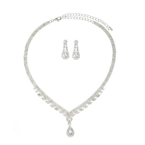 Rhinestone en alliage de zinc bijoux , strass, boucle d'oreille & collier, avec 17.5cm chaînes de rallonge, 2 pièces & bijoux de mode & pour femme, earring 22*9mm, pendant 29*11mm Environ 35 cm, Vendu par fixé