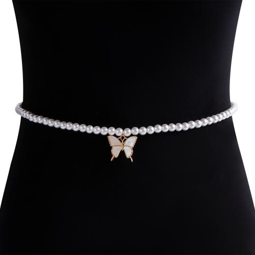 Decorative Chain Belt, Zinc Alloy, with Pearl Oyster & Plastic Pearl, Butterfly, gold color plated, for woman, white [