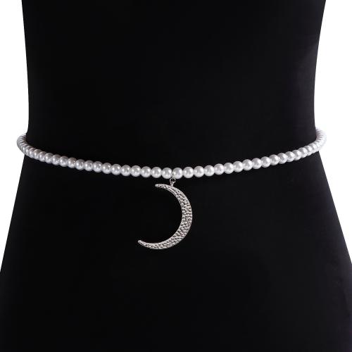 Decorative Chain Belt, Zinc Alloy, with Plastic Pearl, Moon, silver color plated, for woman, white [