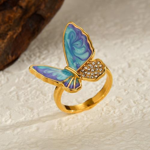 Rhinestone Stainless Steel Finger Ring, 304 Stainless Steel, Butterfly, plated, fashion jewelry & enamel & with rhinestone, golden [