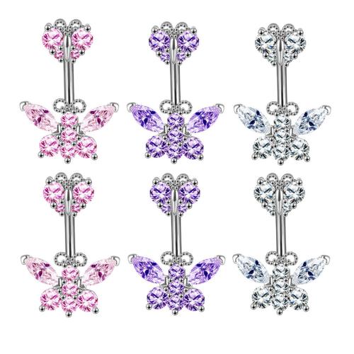 Anneau de ventre en acier inoxydable, laiton, Placage, pavé de micro zircon & pour femme, plus de couleurs à choisir, Small butterfly width 7.5MM* height 6MM1.6*+ large butterfly 14MM* height,10MM-1.6mm bend rod, Vendu par PC[