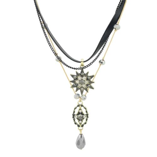 Collier en alliage de zinc, avec cordon en cuir & cristal, avec 6cm chaînes de rallonge, bijoux de mode & multicouche & unisexe Environ 32 cm, Vendu par PC[