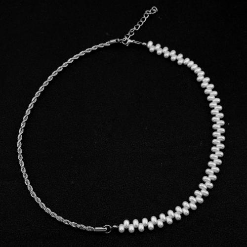 Stainless Steel Jewelry Necklace, 304 Stainless Steel, with Plastic Pearl, polished, fashion jewelry & for woman, original color [