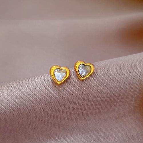 Arete de acero inoxidable , acero inoxidable 304, con cúbica circonia, Corazón, Recubrimiento iónico al vacío, Joyería & para mujer, más colores para la opción, 8x8mm, Vendido por Par[