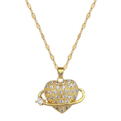 Collier en acier inoxydable Zircon, 304 chaîne en acier inoxydable, avec laiton, avec 5cm chaînes de rallonge, coeur, Placage de couleur d'or, bijoux de mode & pavé de micro zircon & pour femme cm, Vendu par PC[