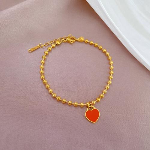 Acero inoxidable Pulsera con dijes, acero inoxidable 304, con 3cm extender cadena, Corazón, Recubrimiento iónico al vacío, Joyería & para mujer & esmalte, dorado, longitud:17 cm, Vendido por UD[