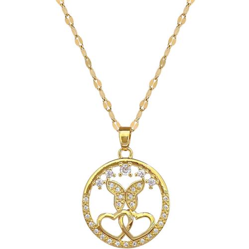 Collier en acier inoxydable Zircon, 304 chaîne en acier inoxydable, avec laiton, avec 5cm chaînes de rallonge, papillon, Placage de couleur d'or, bijoux de mode & pavé de micro zircon & pour femme cm, Vendu par PC[