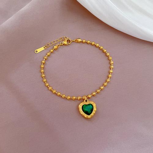 Acero inoxidable Pulsera con dijes, acero inoxidable 304, con 3cm extender cadena, Corazón, Recubrimiento iónico al vacío, Joyería & para mujer & con diamantes de imitación, dorado, longitud:17 cm, Vendido por UD[