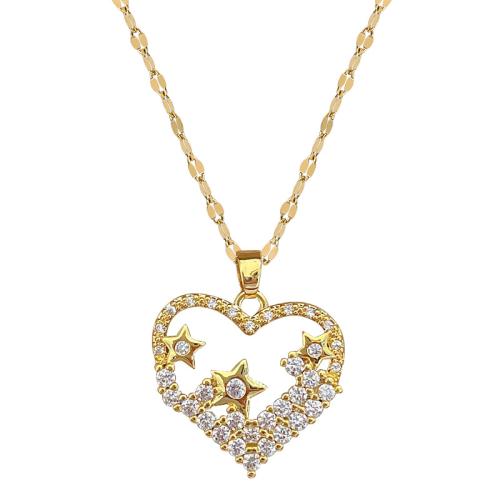 Collier en acier inoxydable Zircon, 304 chaîne en acier inoxydable, avec laiton, avec 5cm chaînes de rallonge, coeur, Placage de couleur d'or, bijoux de mode & pavé de micro zircon & pour femme cm, Vendu par PC[