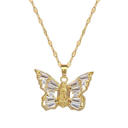 Collier en acier inoxydable Zircon, 304 chaîne en acier inoxydable, avec laiton, avec 5cm chaînes de rallonge, papillon, Placage de couleur d'or, bijoux de mode & pavé de micro zircon & pour femme cm, Vendu par PC