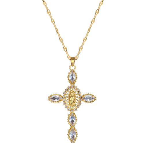 Collier en acier inoxydable Zircon, 304 chaîne en acier inoxydable, avec laiton, avec 5cm chaînes de rallonge, croix, Placage de couleur d'or, bijoux de mode & pavé de micro zircon & pour femme cm, Vendu par PC