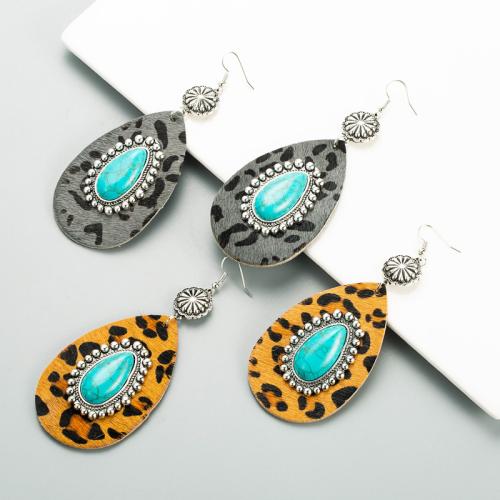 Zinc Alloy Drop Earring, with turquoise & PU Leather, plated, fashion jewelry [