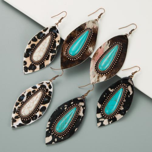 Zinc Alloy Drop Earring, with turquoise & PU Leather, plated, fashion jewelry [