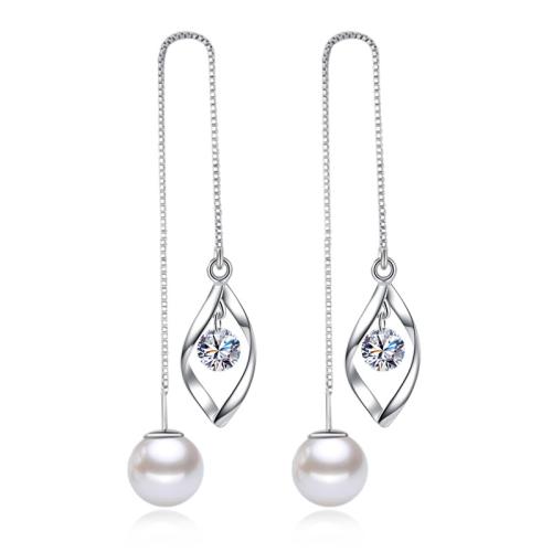 Argent sterling 925 boucles d'oreilles chaîne, avec perle d'eau douce cultivée, Motif géométrique, Plaqué de platine, pour femme & avec zircone cubique & creux, 113mm, Vendu par paire[