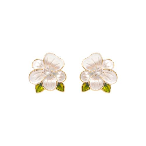 Boucles d'oreilles en laiton zircon cubique pavent, fleur, bijoux de mode & pavé de micro zircon & pour femme & émail, blanc Vendu par paire[