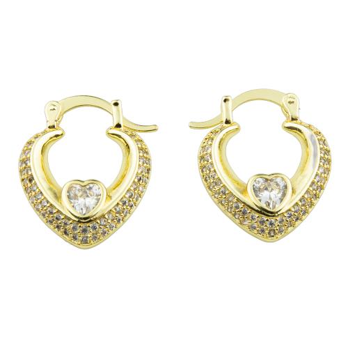 Boucles d'oreilles en laiton zircon cubique pavent, coeur, couleur de haute qualité d'or plaqué, bijoux de mode & pavé de micro zircon & pour femme Vendu par paire[