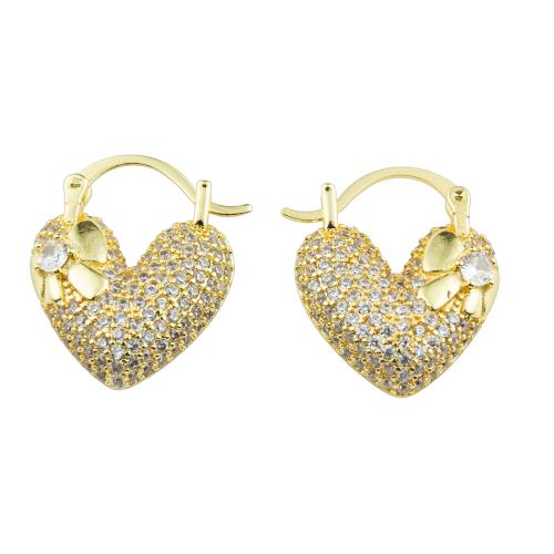 Boucles d'oreilles en laiton zircon cubique pavent, coeur, couleur de haute qualité d'or plaqué, bijoux de mode & pavé de micro zircon & pour femme Vendu par paire[