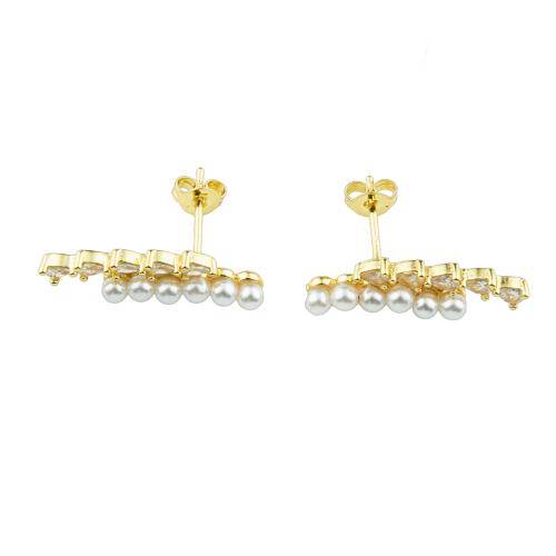 Boucles d'oreilles en laiton zircon cubique pavent, avec perle de plastique, couleur de haute qualité d'or plaqué, bijoux de mode & pavé de micro zircon & pour femme Vendu par paire[