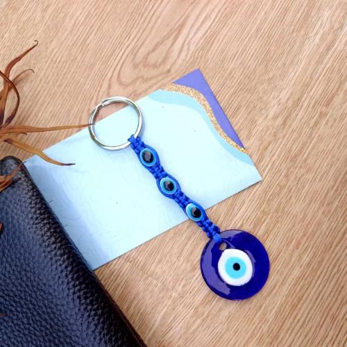 Evil Eye Key Chain, Lampwork, with Knot Cord & Zinc Alloy, Flat Round, handmade, Unisex & evil eye pattern [