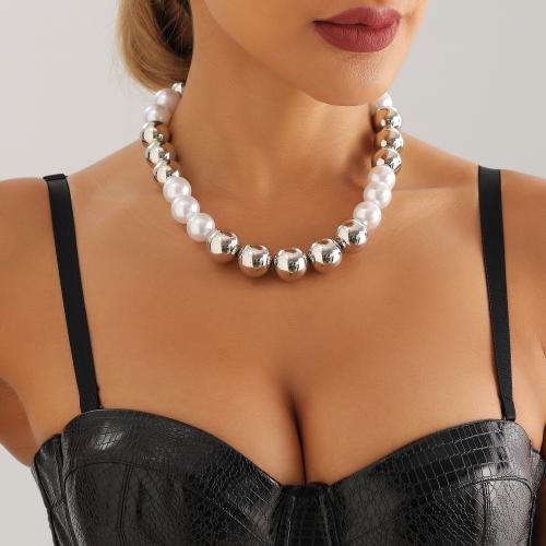 Zinc Alloy Necklace, with Plastic Pearl, silver color plated, for woman [