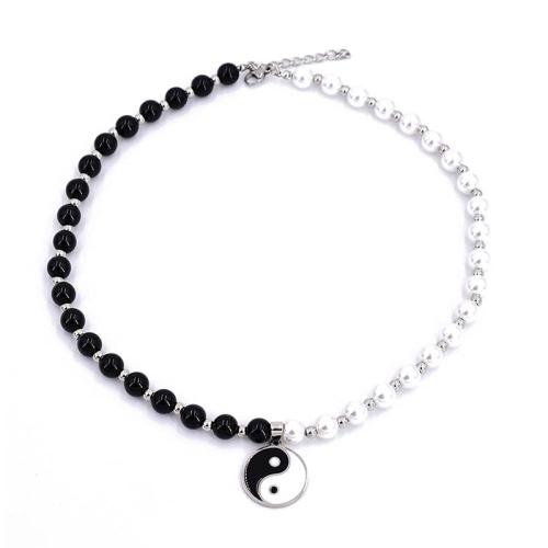 Gemstone Necklaces, Zinc Alloy, with Obsidian & Plastic Pearl, Unisex & enamel Approx 41-50 cm [