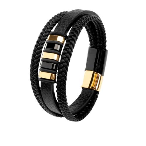 PU Leather Cord Bracelets, 304 Stainless Steel, with Synthetic Leather, plated & for man cm [