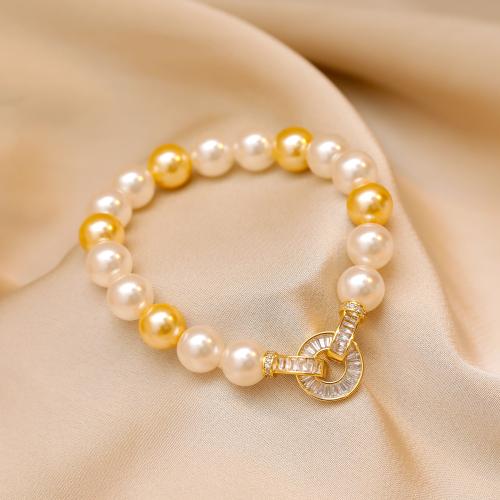 Cubic Zirconia Micro Pave Brass Bracelet, with Plastic Pearl, fashion jewelry & micro pave cubic zirconia & for woman, golden Approx 20 cm [