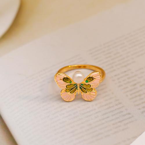 Messing Fingerring, mit Natürliche kultivierte Süßwasserperlen, Blume, 18K vergoldet, Modeschmuck & für Frau & Emaille, keine, Größe:7, verkauft von PC