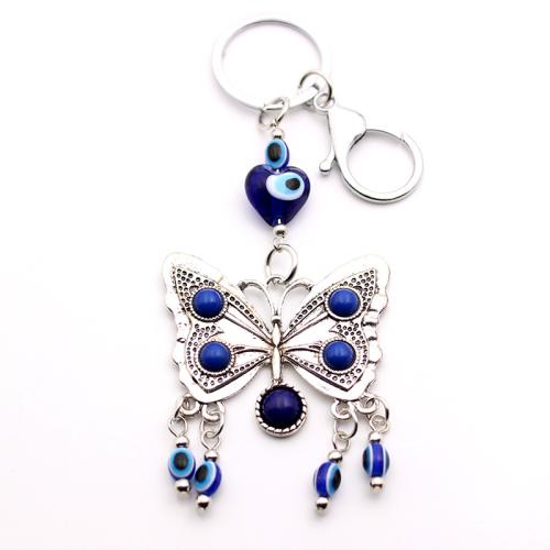 Evil Eye Key Chain, Zinc Alloy, with Lampwork, Butterfly, silver color plated, evil eye pattern, blue [