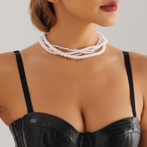 Collier en alliage de zinc, avec perle de plastique, Rond, Placage, pour femme, blanc, Vendu par PC[