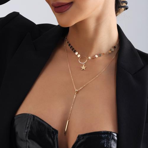 Collier en alliage de zinc, étoile, Placage de couleur d'or, Double couche & pour femme, Vendu par PC[