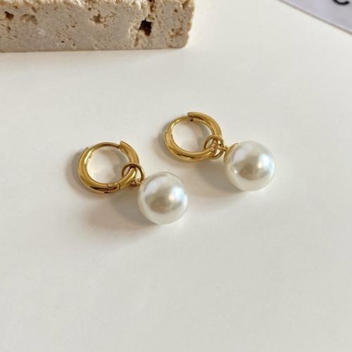 Boucles d'oreilles en acier titane, avec perle de plastique, Placage, normes différentes pour le choix & pour femme, doré, Vendu par PC[