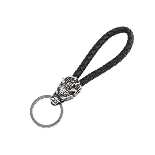 Stainless Steel Key Chain, 304 Stainless Steel, with leather cord, polished, vintage & Unisex, original color [