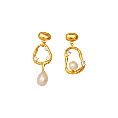 Cubic Zirconia Micro Pave Brass Earring, with Freshwater Pearl, 18K gold plated, fashion jewelry & micro pave cubic zirconia & for woman & hollow, golden  