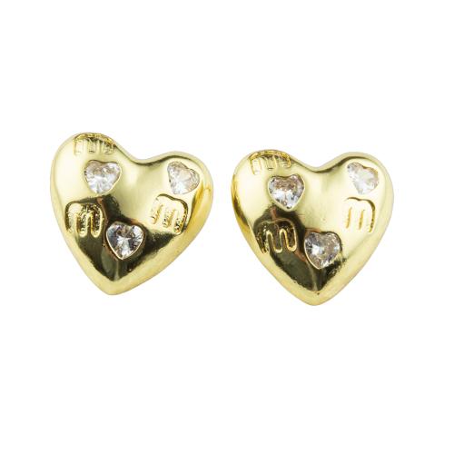 Boucles d'oreilles en laiton zircon cubique pavent, coeur, couleur de haute qualité d'or plaqué, bijoux de mode & pavé de micro zircon & pour femme Vendu par paire[