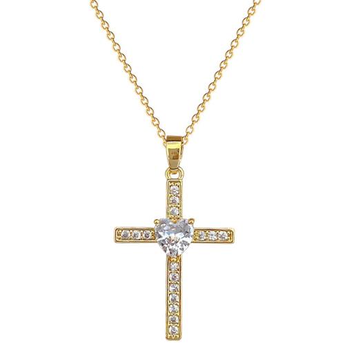 Collier en acier inoxydable Zircon, 304 chaîne en acier inoxydable, avec laiton, avec 5cm chaînes de rallonge, croix, Placage de couleur d'or, bijoux de mode & pavé de micro zircon & pour femme cm, Vendu par PC