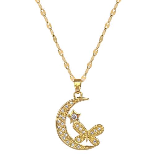 Collier en acier inoxydable Zircon, 304 chaîne en acier inoxydable, avec laiton, avec 5cm chaînes de rallonge, lune, Placage de couleur d'or, bijoux de mode & pavé de micro zircon & pour femme cm, Vendu par PC