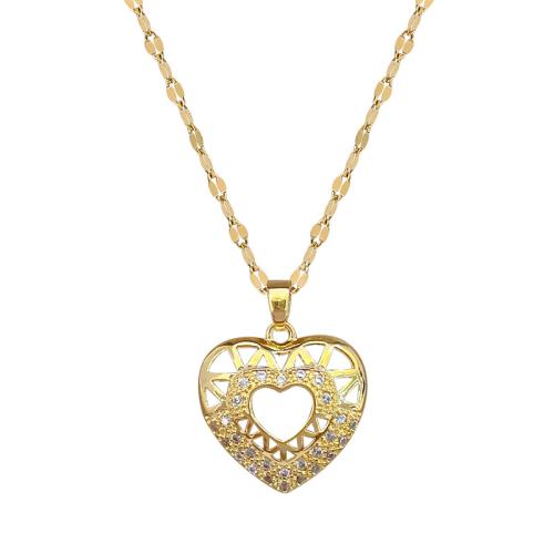 Collier en acier inoxydable Zircon, 304 chaîne en acier inoxydable, avec laiton, avec 5cm chaînes de rallonge, coeur, Placage de couleur d'or, bijoux de mode & pavé de micro zircon & pour femme cm, Vendu par PC