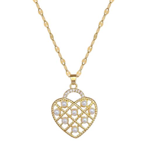 Collier en acier inoxydable Zircon, 304 chaîne en acier inoxydable, avec perle de plastique & laiton, avec 5cm chaînes de rallonge, coeur, Placage de couleur d'or, bijoux de mode & pavé de micro zircon & pour femme cm, Vendu par PC