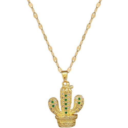 Collier en acier inoxydable Zircon, 304 chaîne en acier inoxydable, avec laiton, avec 5cm chaînes de rallonge, Opuntia Stricta, Placage de couleur d'or, bijoux de mode & pavé de micro zircon & pour femme cm, Vendu par PC