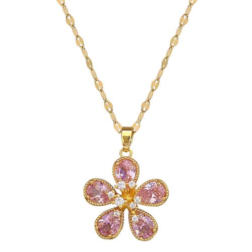 Collier en acier inoxydable Zircon, 304 chaîne en acier inoxydable, avec laiton, avec 5cm chaînes de rallonge, fleur, Placage de couleur d'or, bijoux de mode & pavé de micro zircon & pour femme cm, Vendu par PC