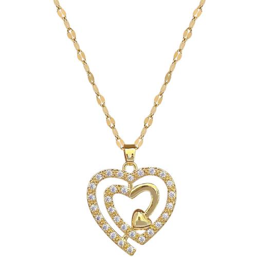 Collier en acier inoxydable Zircon, 304 chaîne en acier inoxydable, avec laiton, avec 5cm chaînes de rallonge, coeur, Placage de couleur d'or, bijoux de mode & pavé de micro zircon & pour femme cm, Vendu par PC