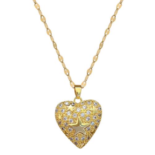 Collier en acier inoxydable Zircon, 304 chaîne en acier inoxydable, avec laiton, avec 5cm chaînes de rallonge, coeur, Placage de couleur d'or, bijoux de mode & pavé de micro zircon & pour femme cm, Vendu par PC