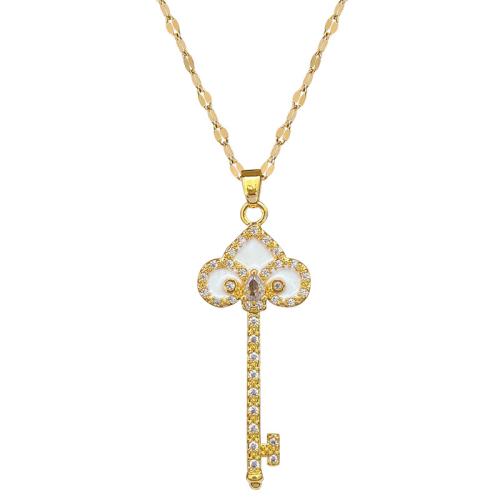 Collier en acier inoxydable Zircon, 304 chaîne en acier inoxydable, avec laiton, avec 5cm chaînes de rallonge, clé, Placage de couleur d'or, bijoux de mode & pavé de micro zircon & pour femme cm, Vendu par PC