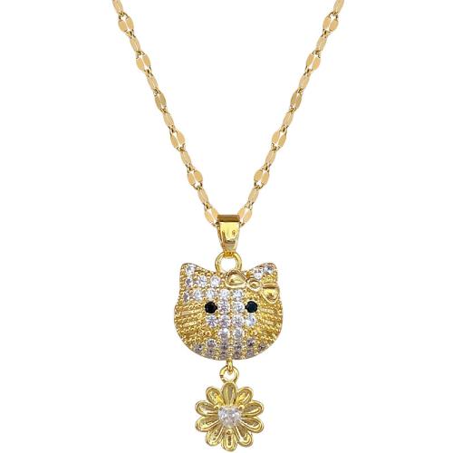 Collier en acier inoxydable Zircon, 304 chaîne en acier inoxydable, avec laiton, avec 5cm chaînes de rallonge, chat, Placage de couleur d'or, bijoux de mode & pavé de micro zircon & pour femme cm, Vendu par PC