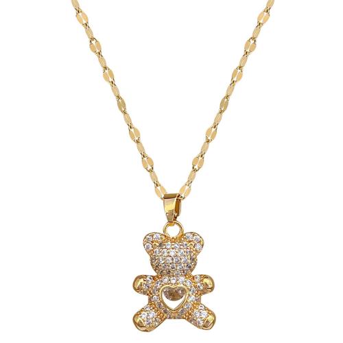 Collier en acier inoxydable Zircon, 304 chaîne en acier inoxydable, avec laiton, avec 5cm chaînes de rallonge, ours, Placage de couleur d'or, bijoux de mode & pavé de micro zircon & pour femme cm, Vendu par PC