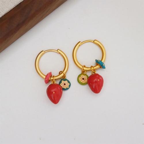 pendiente de gota colgando de latón, metal, Fresa, chapado en color dorado, para mujer & esmalte, Rojo, 30x8x8mm, Vendido por Par