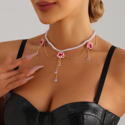 collier de Stras en alliage Zinc, alliage de zinc, avec Seedbead & plastique, Placage de couleur d'or, styles différents pour le choix & pour femme & avec strass, plus de couleurs à choisir, Vendu par PC[