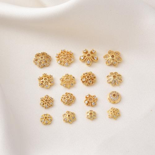 Brass Bead Cap, petals, plated, DIY & micro pave cubic zirconia, golden 