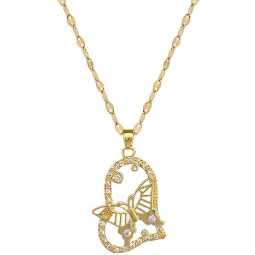 Collier en acier inoxydable Zircon, 304 chaîne en acier inoxydable, avec laiton, avec 5cm chaînes de rallonge, coeur, Placage de couleur d'or, bijoux de mode & pavé de micro zircon & pour femme cm, Vendu par PC